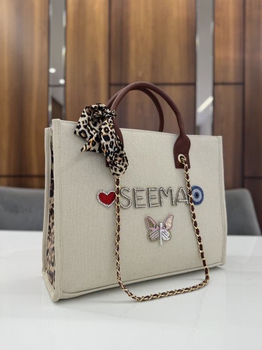 CHAIN TOTE CREAM CHEETAH DAIMOND